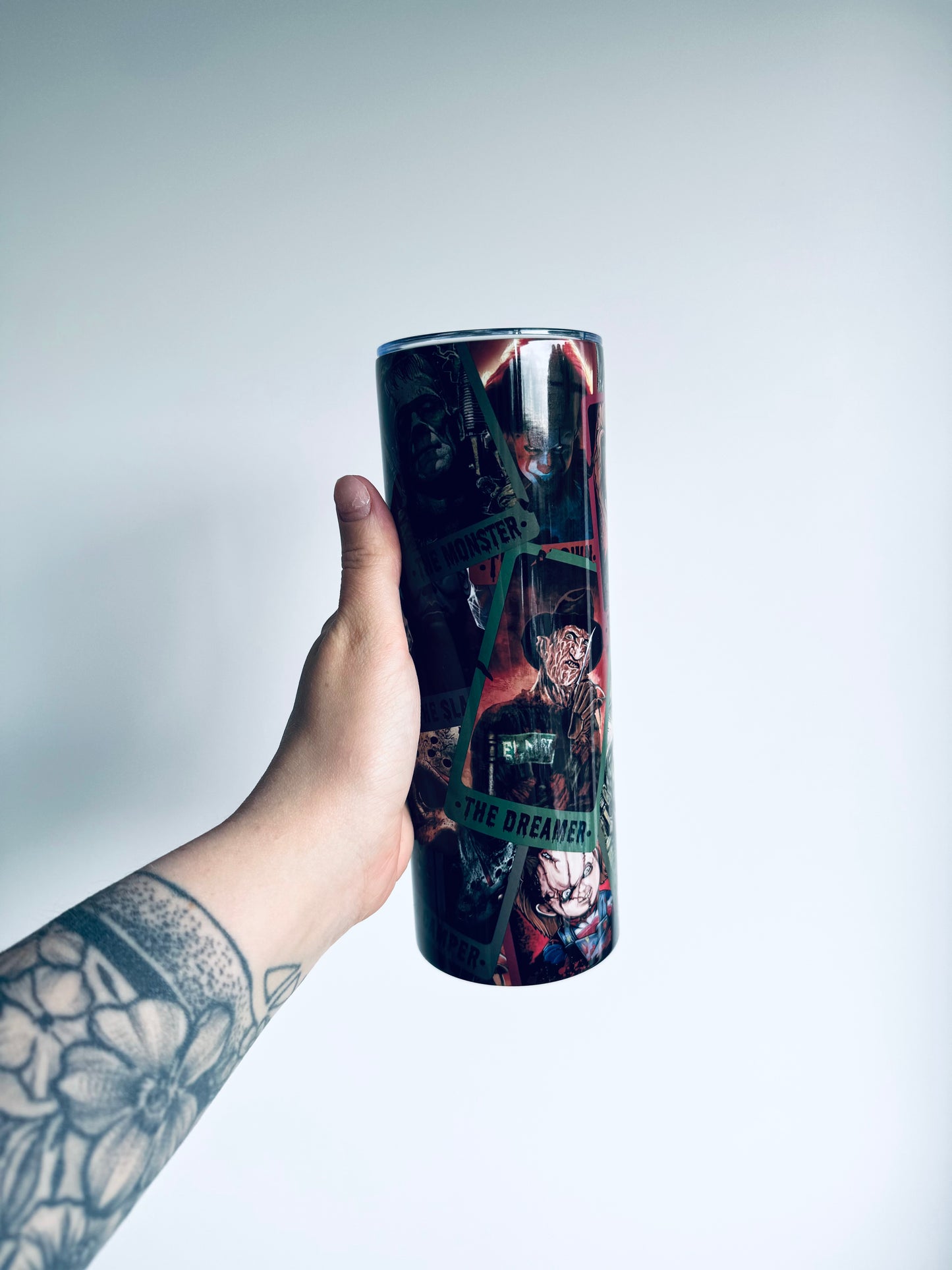 20oz tumbler with horror taro card