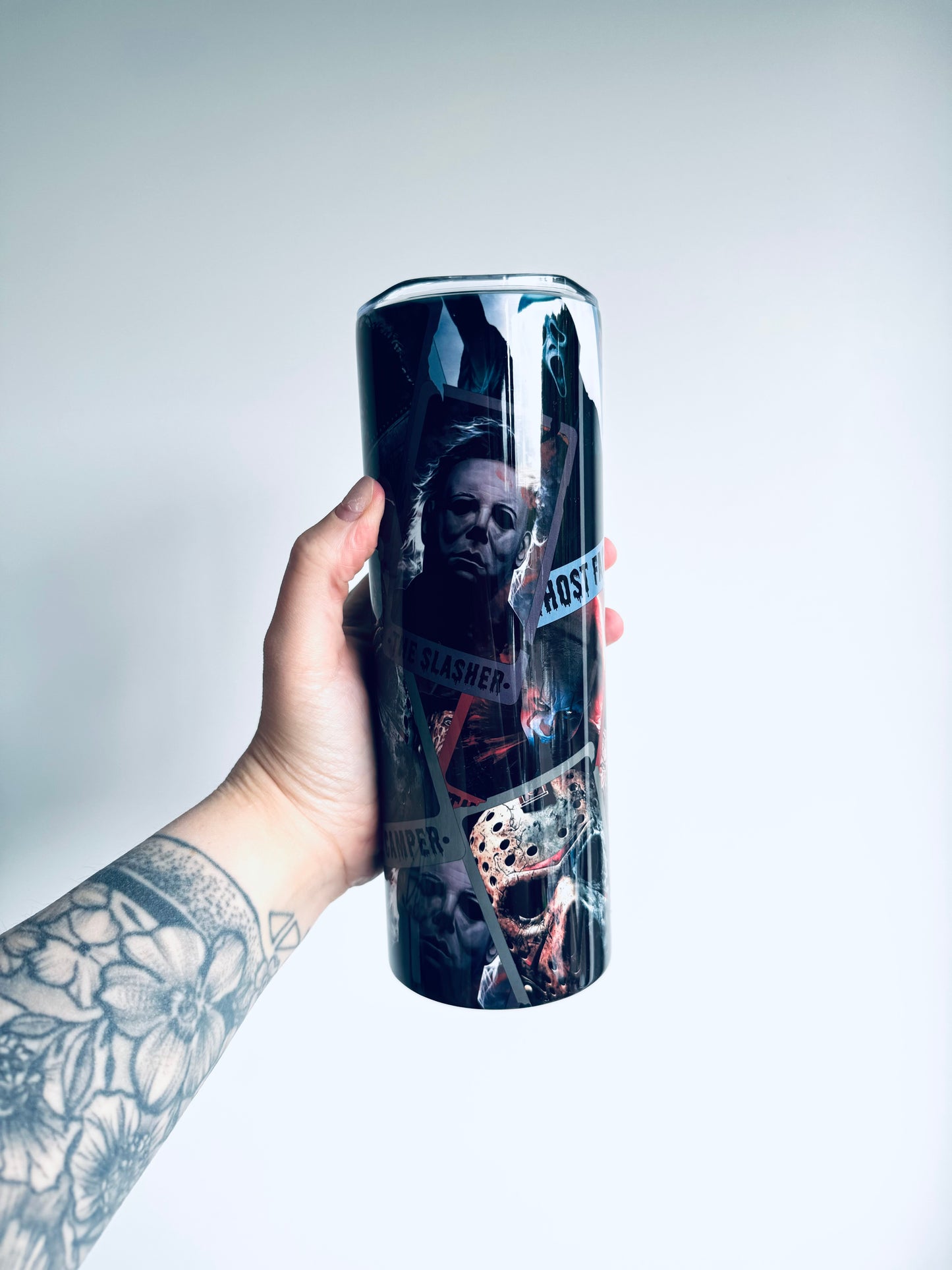 20oz tumbler with horror taro card